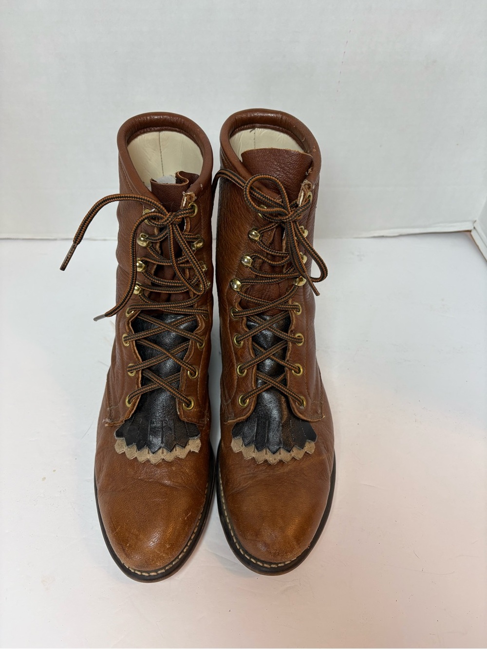 VTG brown leather western pacer packer boots lace-up fringe size 8M
